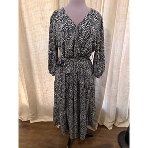 Navy White Leopard Print Wrap V-Neck Tiered Midi Dress Womens XL
